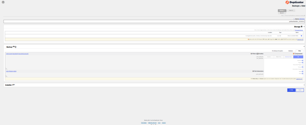شاشة Setup عند إنشاء نسخة احتياطية جديدة في إضافة Duplicator