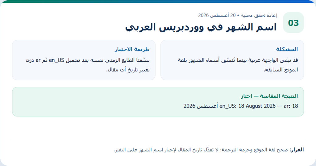 بطاقة دليل أصلية من إعادة التحقق المحلية لمقال اسم الشهر في ووردبريس العربي، وتعرض طريقة الاختبار والنتيجة المقاسة.