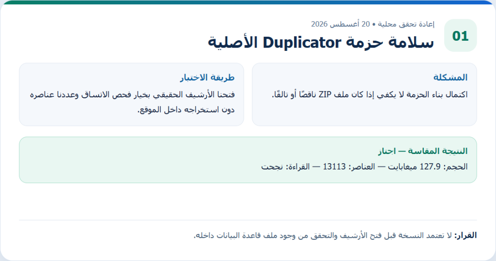 بطاقة دليل أصلية من إعادة التحقق المحلية لمقال سلامة حزمة Duplicator الأصلية، وتعرض طريقة الاختبار والنتيجة المقاسة.