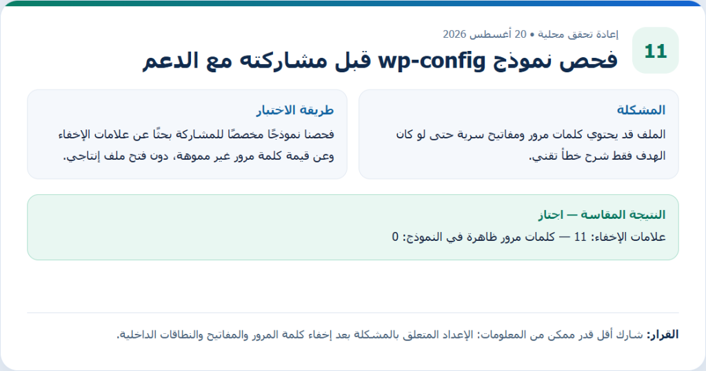 بطاقة دليل أصلية من إعادة التحقق المحلية لمقال فحص نموذج wp-config قبل مشاركته مع الدعم، وتعرض طريقة الاختبار والنتيجة المقاسة.
