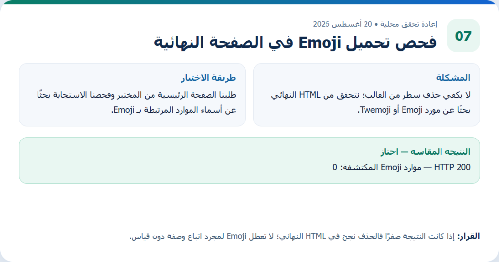 بطاقة دليل أصلية من إعادة التحقق المحلية لمقال فحص تحميل Emoji في الصفحة النهائية، وتعرض طريقة الاختبار والنتيجة المقاسة.