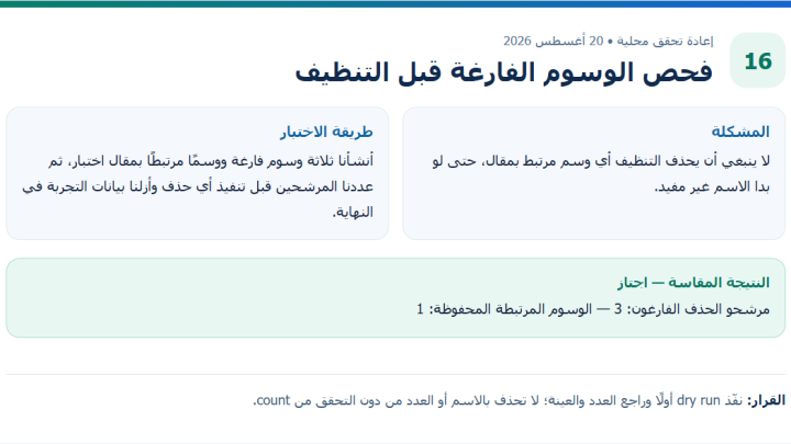 بطاقة دليل أصلية من إعادة التحقق المحلية لمقال فحص الوسوم الفارغة قبل التنظيف، وتعرض طريقة الاختبار والنتيجة المقاسة.