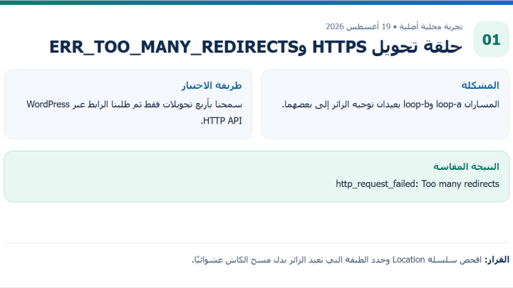 تقرير تجربة محلية يرصد Too many redirects بعد أربع تحويلات